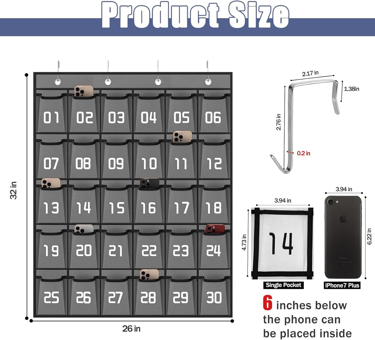 Loghot Classroom Accessories Closet Pocket Chart for Cell Phones Holder Wall Door Hanging Organizer (30 Pockets Gray)