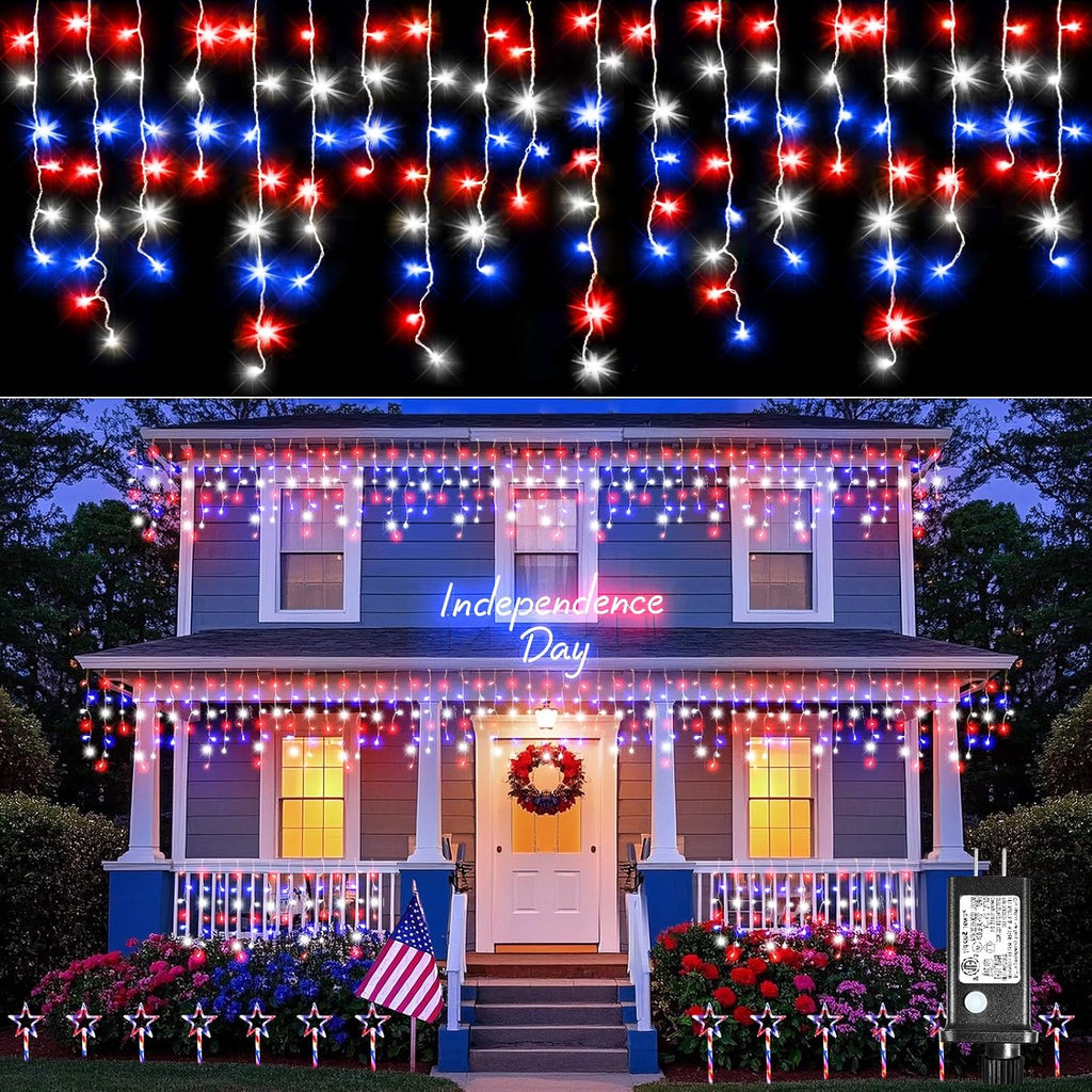 Red White and Blue Lights for 4th of July Decor, 66ft Icicle Lights for Outside Independence Day Decoration, 640 LED Christmas Light Outdoor Indoor with 120 Drops Clear Wire Connectable for Holiday