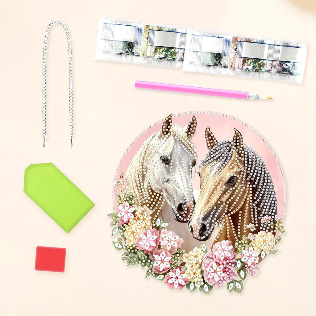 Lxmsja DIY Two Horses Diamond Painting Hanging Ornament, Double-Sided Acrylic Flowers Diamond Art Kit, Special Shaped Drill Pendant Window Art Kit, Suncatcher Hanging Craft Decoration 8x8 inch