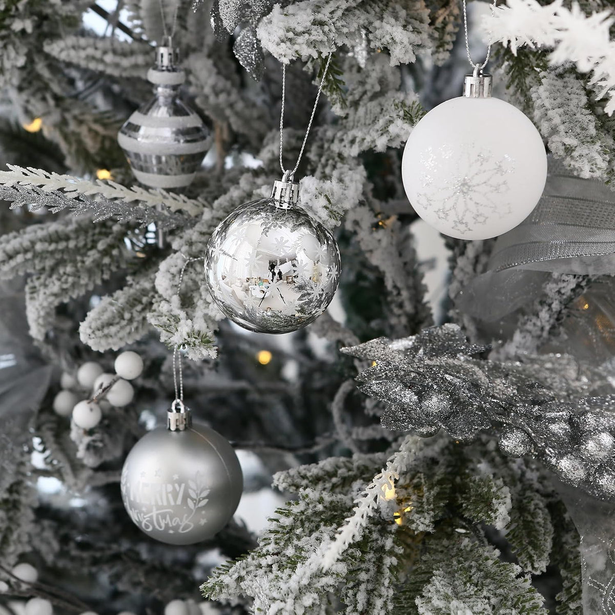 Sea Team 60mm/2.36" Delicate Contrast Color Theme Painting & Glittering Christmas Tree Pendants Decorative Hanging Christmas Baubles Balls Ornaments Set - 30 Pieces (Silver & White)