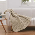 WESHIONGOO Chunky Knit Blanket Throw 40"×40" Knitted Throw Blankets for Couch Bed Fluffy Soft Blanket with Jumbo Chenille Yarn Thick 100% Handmade (Linen)