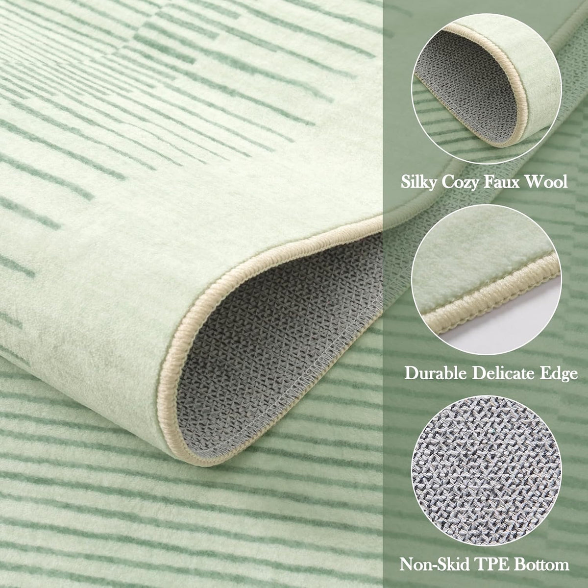 Wonnitar Washable Striped 8x10 Rugs for Living Room, Non-Slip Soft Sage Green Bedroom Rug, Low Pile Minimalist Floor Carpet for Nursery Playroom Dining Room Department (Green, 8' x 10')