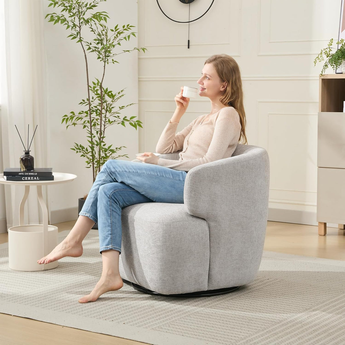 Swivel Accent Chair, Chenille Barrel Chair for Living Room, Cozy Round Boucle Arm Chair, Metal Base for Club Nursery Bedroom, Light Grey