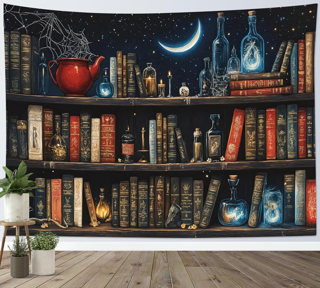 LB Gothic Bookshelf Tapestry, Horror Spider and Vintage Book Halloween Wall Tapestry for Bedroom Aesthetic, Galaxy Moon Wall Art for Living Room Dorm Home Decor Ready to Hanging, 60 x 40 Inches