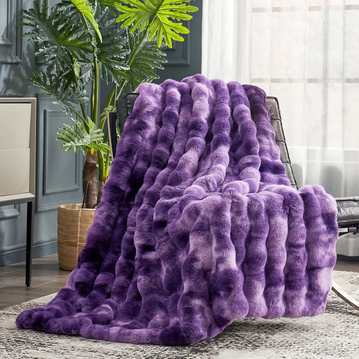 Cozy Bliss Faux Fur Throw Blanket for Couch, Fuzzy Soft Plush Thick Bubble Blanket for Sofa Bedroom Living Room, 50 * 60 Inches Tie-dye Purple