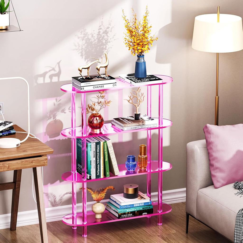 Clear Bookshelf, Acrylic Bookcase with Open Book Shelf Console Table for Entryway Office (4 Tier Pink)