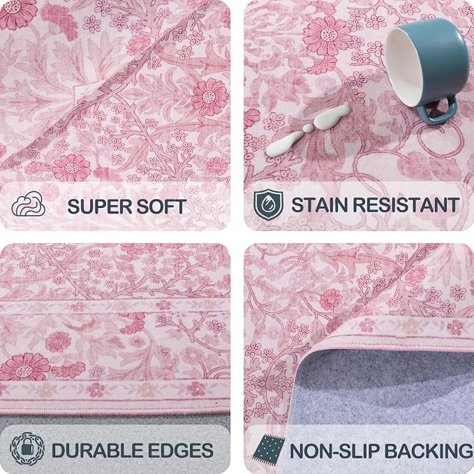 Vintage Pink Living Room Rug, 6x9 Washable Area Rugs - Image 6