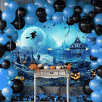 Avezano Halloween Photography Backdrop Full Moon Scary Night Castle Pumpkins Party Background Spooky Witch Bats Cemetery Child Kids Halloween Party Decorations Photoshoot Backdrops (7x5ft, Blue)