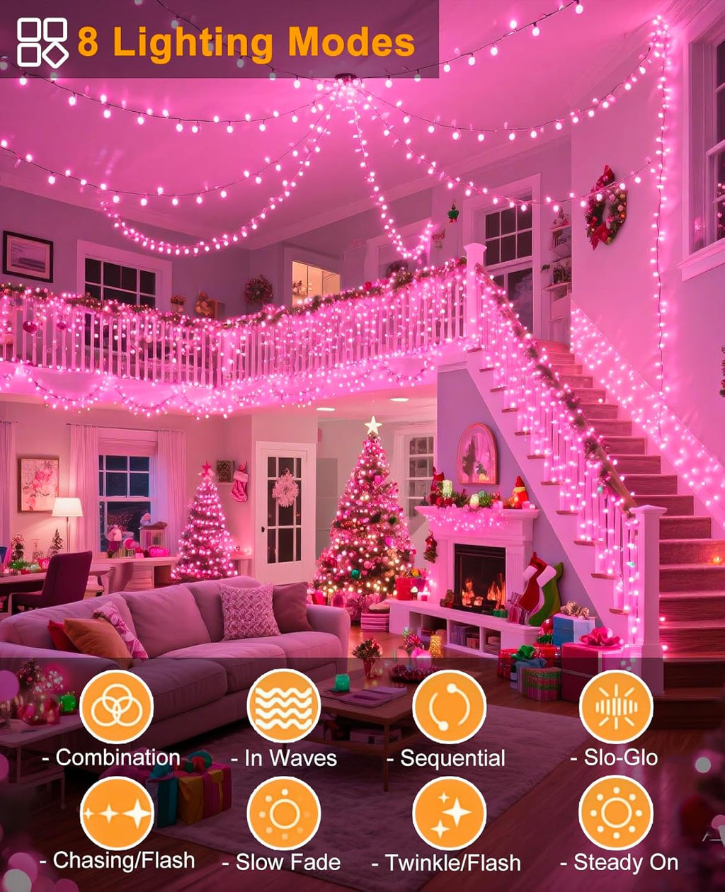 Christmas Lights Outdoor, 157FT 480 LED Plug in Christmas Tree Lights Waterproof, 8 Modes Fairy String Light for Indoor Bedroom Garden Patio Porch Xmas Wedding Party Decorations, Pink