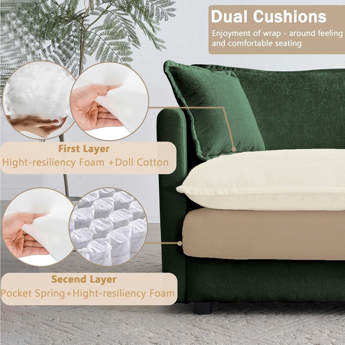 Sectional Sofa 2 Seater with Movable 1 Ottoman,Oversized Modular Couch Deep Seat (Green, 76.7 inch-L)
