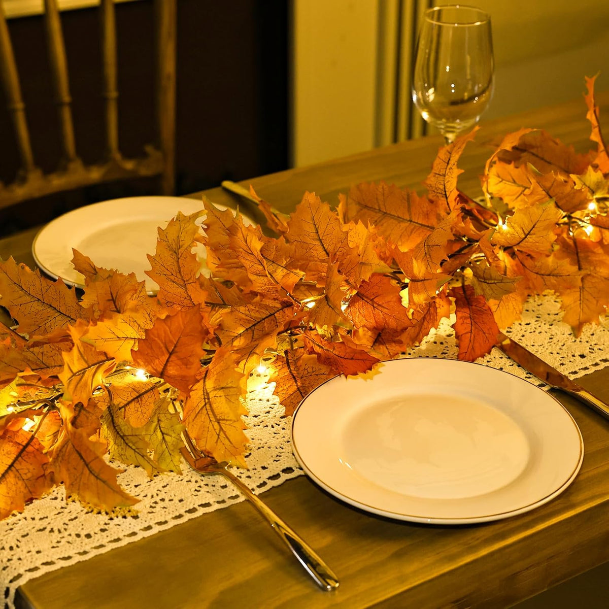 2PC Realistic Fall Garland for Mantle 6FT Fall Leaves Garland With Lights/Timer Fall Decorations for Home Porch Fall Leaf Garlands Autumn Decor for Thanksgiving Outdoor Fireplace Wedding Hanging Table