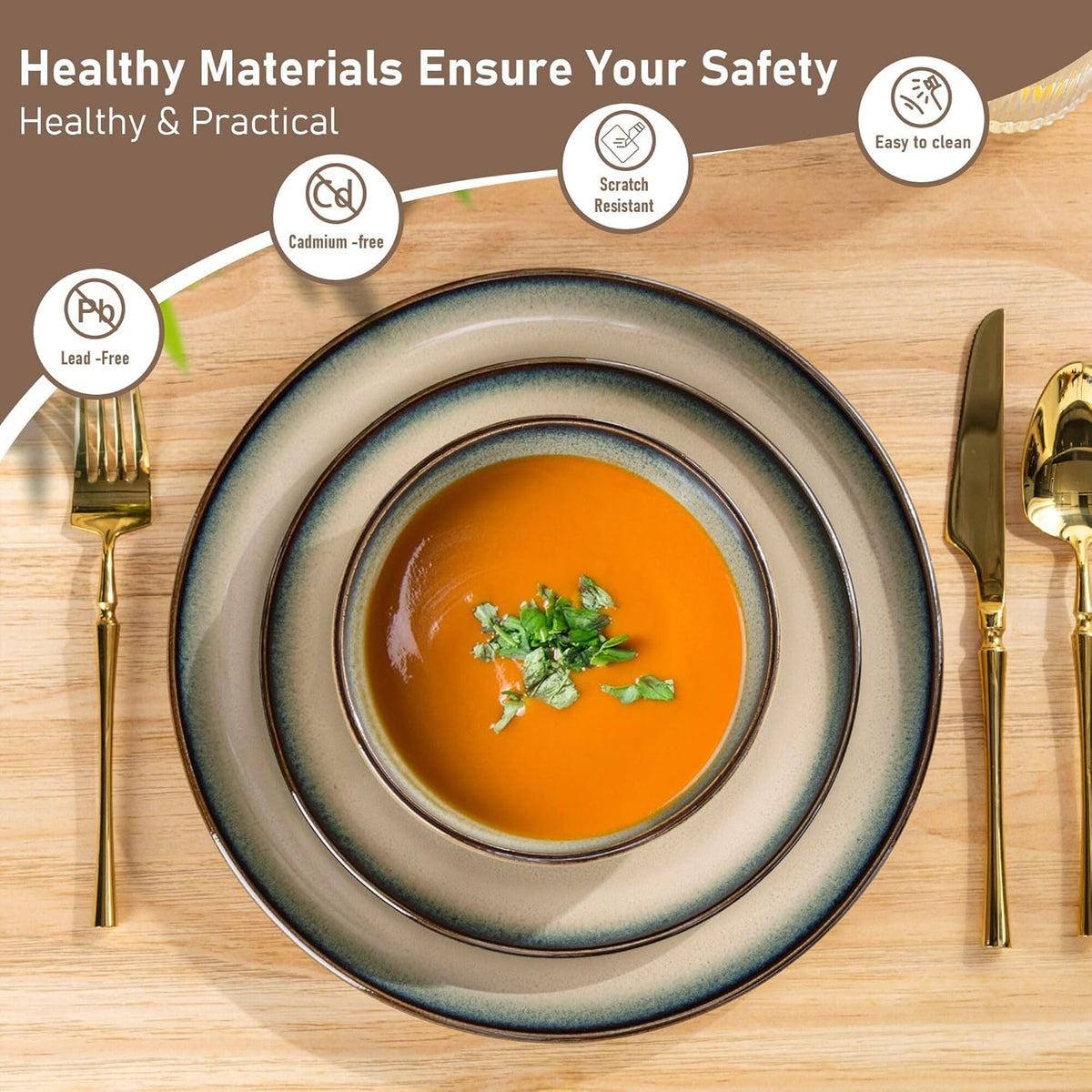 GBHOME Ceramic Dinnerware Sets for 4, 12 Pieces Stoneware Plates and Bowls Sets, Scratch Resistant Dishes, Dishwasher & Microwave Safe, Reactive Glaze-Gravel