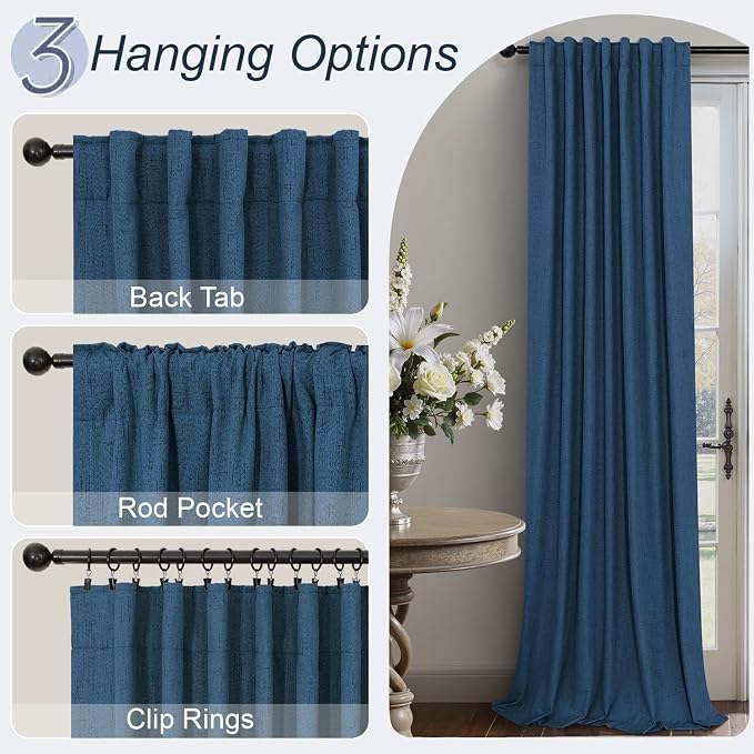 Navy Blue Linen Textured Curtains 90 Inches Long 2 Panels Set Modern Neutral - Image 6