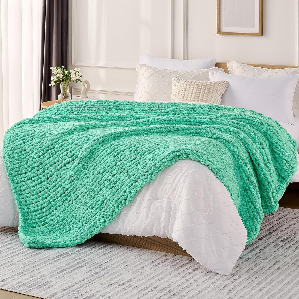L'AGRATY Chunky Knit Blanket Throw: 50''x60'' Chenille Chunky Knitted Throw Blanket for Bed Couch - Handmade Thick Big Cable Knit Blanket - Large Crochet Rope Blanket for Home Decor(Aqua)