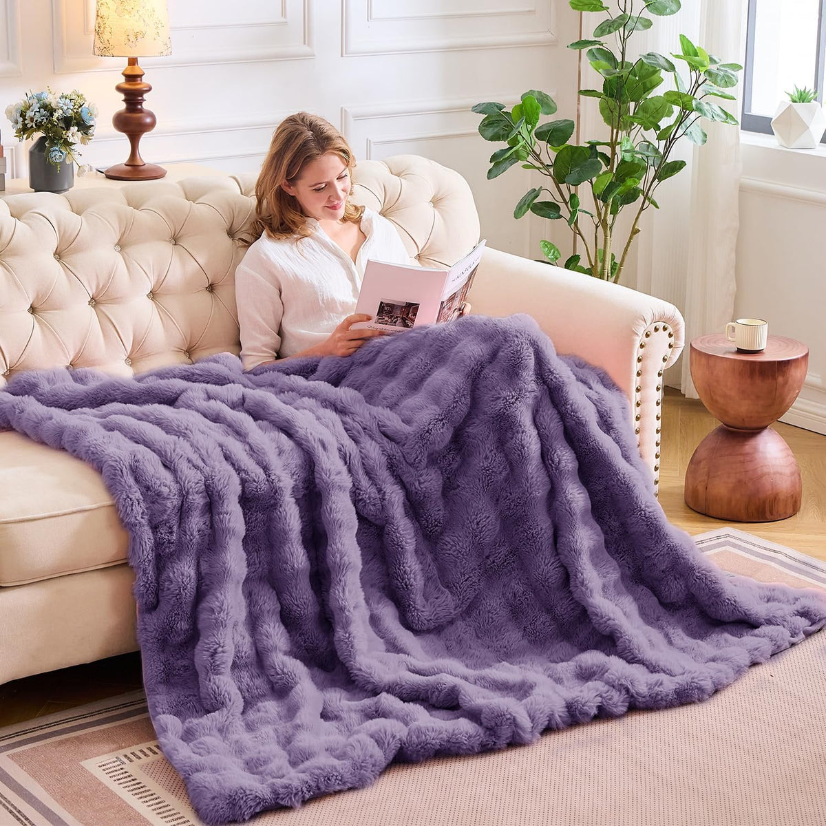 Lotus Karen Faux Fur Throw Blanket Purple - Big Bubble Rabbit Fluff Blanket for Couch Bed Sofa,Softest Fluffy Fuzzy Cozy Blanket,Thick Furry Plush Shaggy Warm Blankets for Women,60x80 Inches