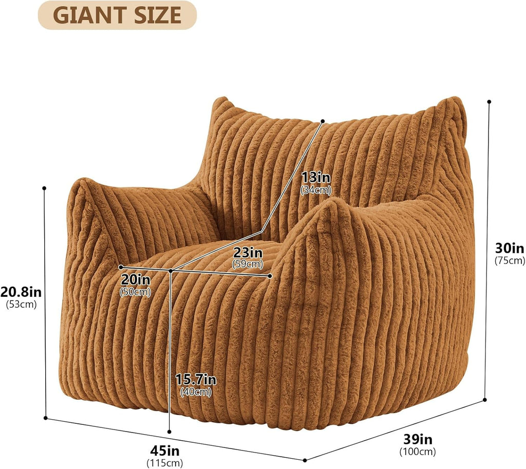 Giant Bean Bag Chairs for Adults Teens, Large Bean Bag Sofa Chairs with Filling Comfy Fuzzy BeanBag Chair with Armrests for Bedroom Living Room Reading (Brown, Large)