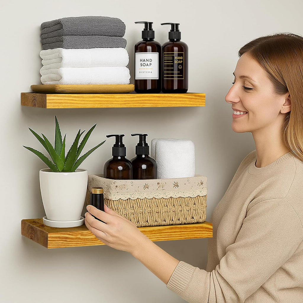 BGMG Wood Floating Shelves for Wall 16 inch Set of 2, Rustic Wooden Wall Mount Shelves for Living Room Bedroom Kitchen Farmhouse-16x6.7x1.25 inch- Gold Oak