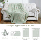 jinchan Boho 100% Cotton Muslin Twin Size 60x80 Inches Blanket Lightweight 4-Layer Quilted Soft Green and Beige Floral Throw Blanket Reversible Comfy Flower Breathable All Seasons Couch Bedroom Decor