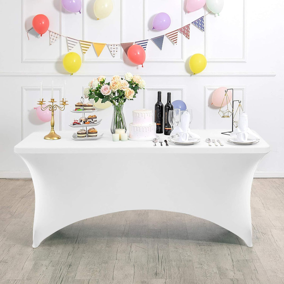 Spandex Table Cover for 6Ft or 4fT or 8ft Table Universal Fitted Stretch Tablecloth for Party, Banquet, Wedding and Events-White