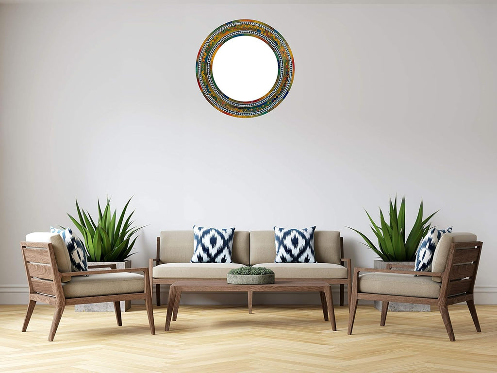 Mosaic Mirror, Wall Art Décor – Handcrafted Decorative Wall Mirror, Autumn Green, Deep Blue, and Brown Round Mosaic