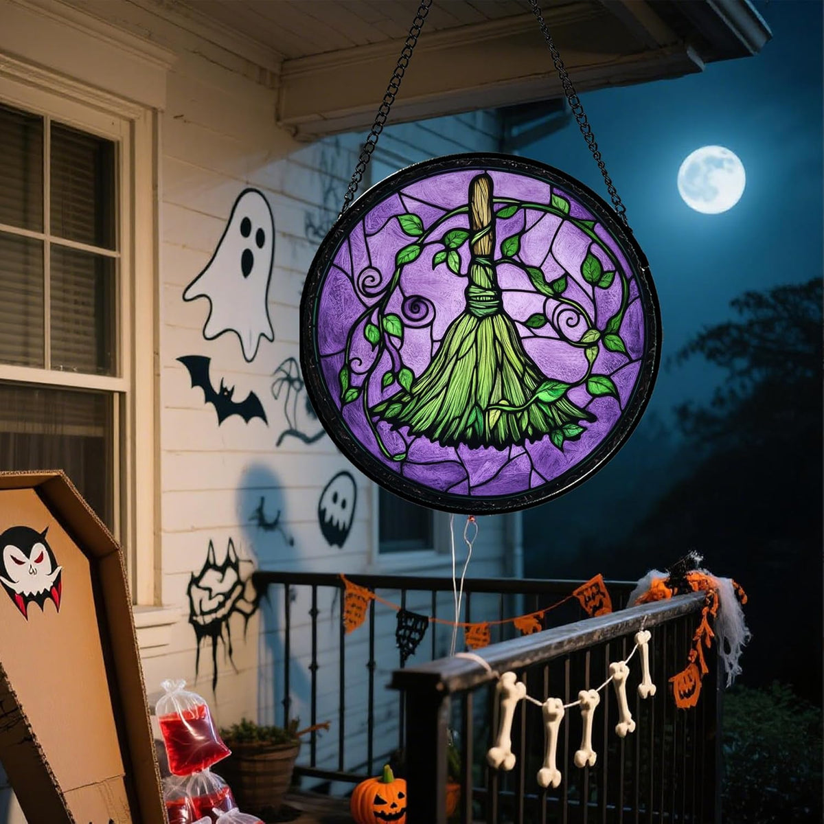 Stained Glass Window Hanging - Halloween Decorations Witch Magic Broom Suncatcher for Doors Garden Indoor Funny Spooky Sun Catchers Gothic Decor Horror Gifts for Women Men Friend 7.8 in