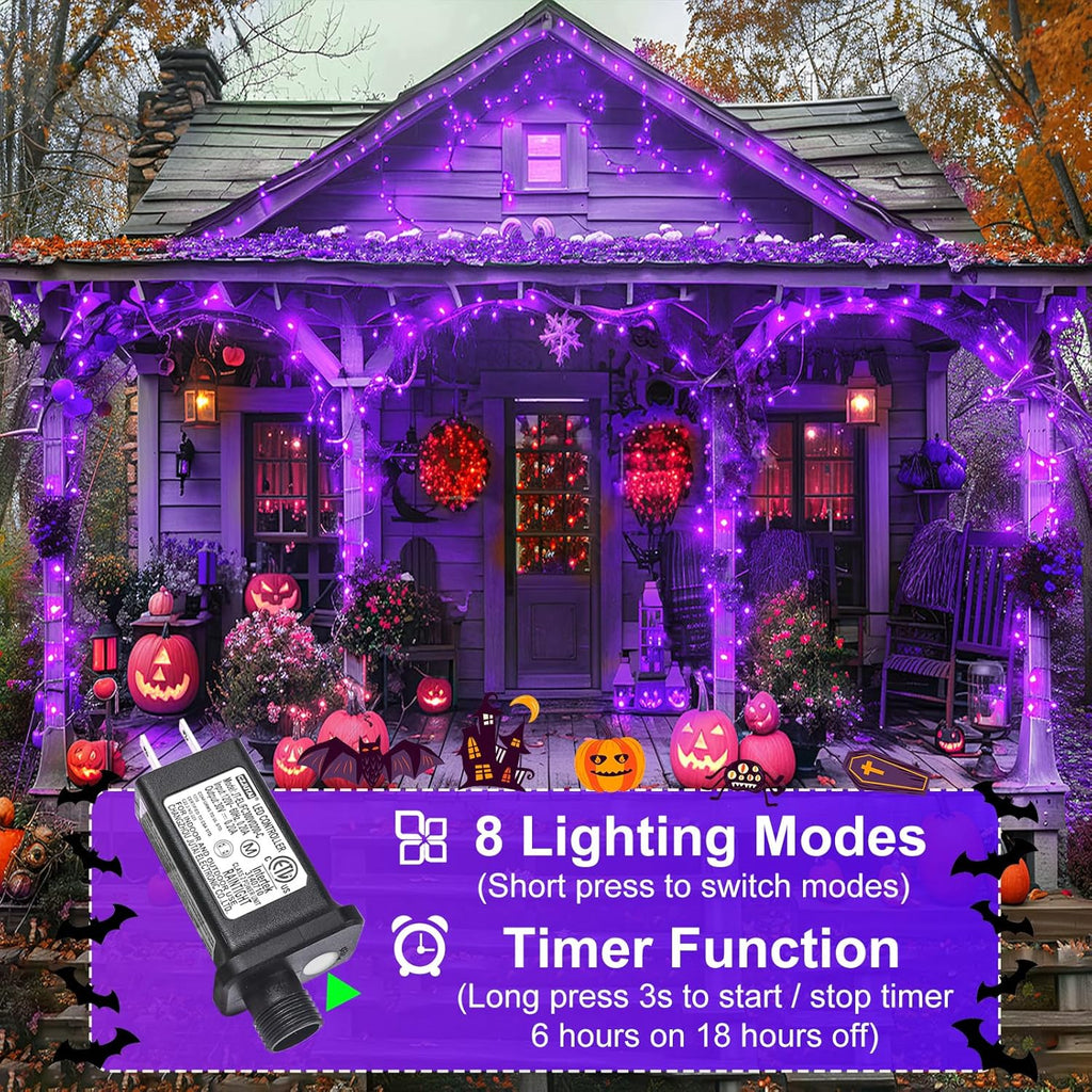 Purple Halloween Lights Outdoor, 100FT 300 LED Halloween String Lights with 8 Modes Waterproof, Plug in Green Wire Twinkle Tree Light for Indoor House Patio Garden Party Decorations