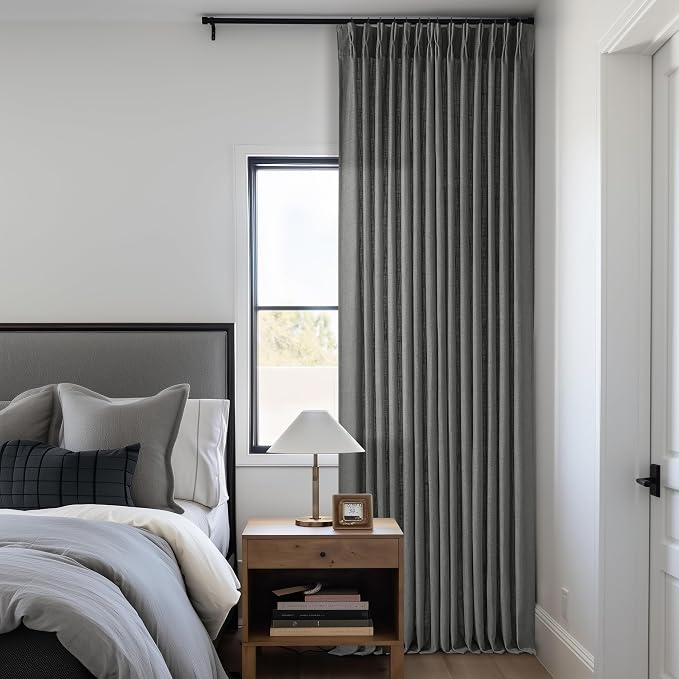 Dark Grey 80 Inch Pinch Pleated Linen Semi Sheer Curtains 2 Panel Set | - Image 8