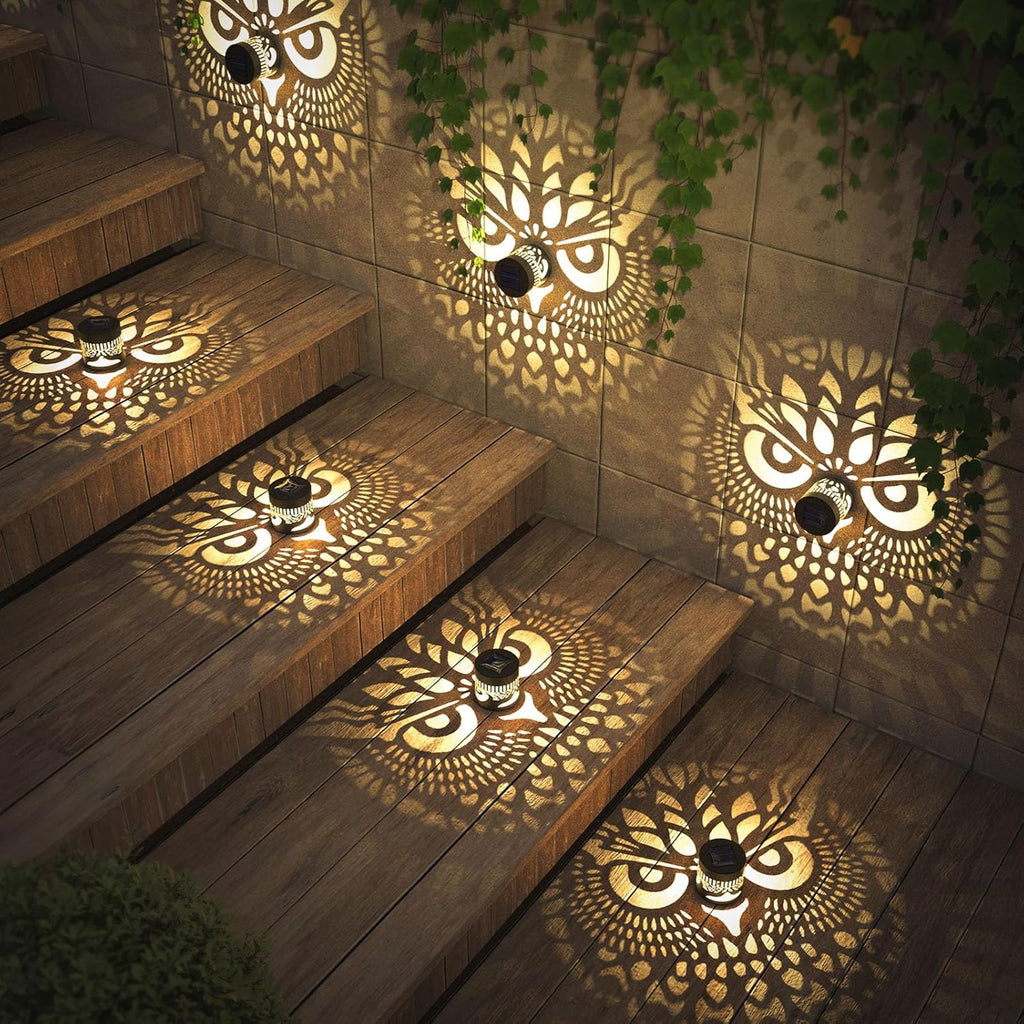 4 Pack Solar Fence Lights Metal Solar Powered Outdoor Wall Deck Step Lights Owl Theme Waterproof Fence Light for Garden Post Patio Backyard Yard Decor, Gardening Gifts for Women Mom Grandma