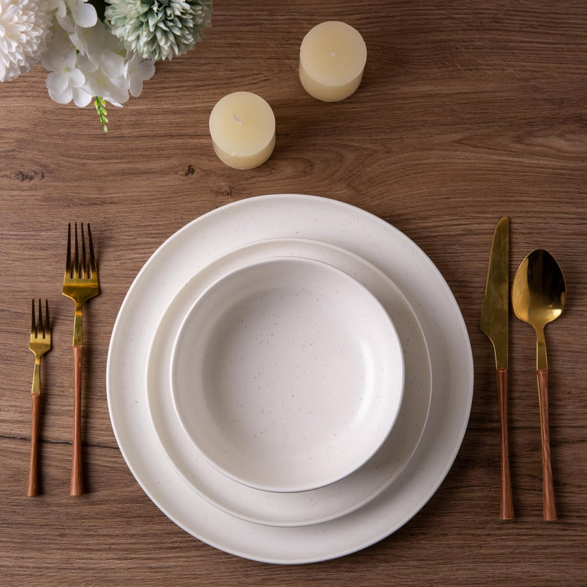 AmorArc Ceramic Dinnerware Sets, Wavy Rim Stoneware Plates and Bowls Sets,Highly Chip and Crack Resistant | Dishwasher & Microwave & Oven Safe Dishes set, Service for 8 (24pc)-Matte Speckled White