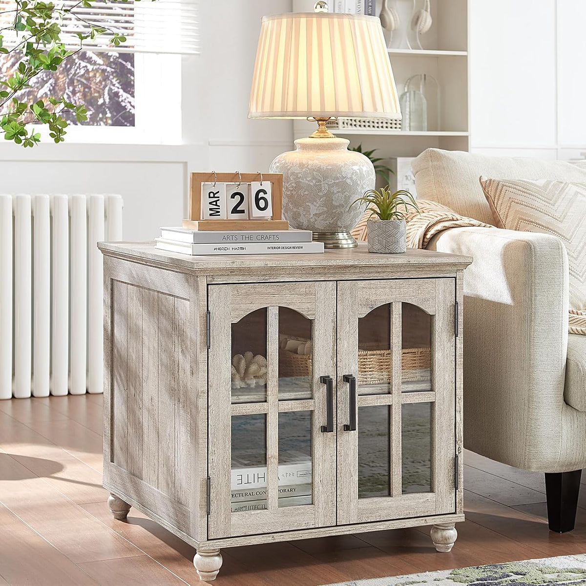 Farmhouse End Table with Charging Station,24" Large Sofa Side Table with Glass Barn Door,Rustic Wood Night Stand with Adjustable Storage Shelf,Square Bedside Table for Living Room,Bedroom Office