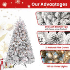 4 ft Prelit Flocked Christmas Tree with Pine Cones & 150 UL Lights, Snow Frosted Artificial Christmas Tree with Auto Hinged Stand for Holiday Decor