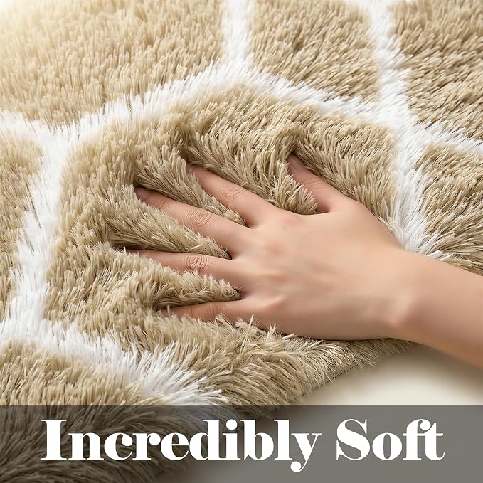 7x9 Area Rugs for Living Room Bedroom, Fluffy Beige and White Geometric Rug | - Image 2