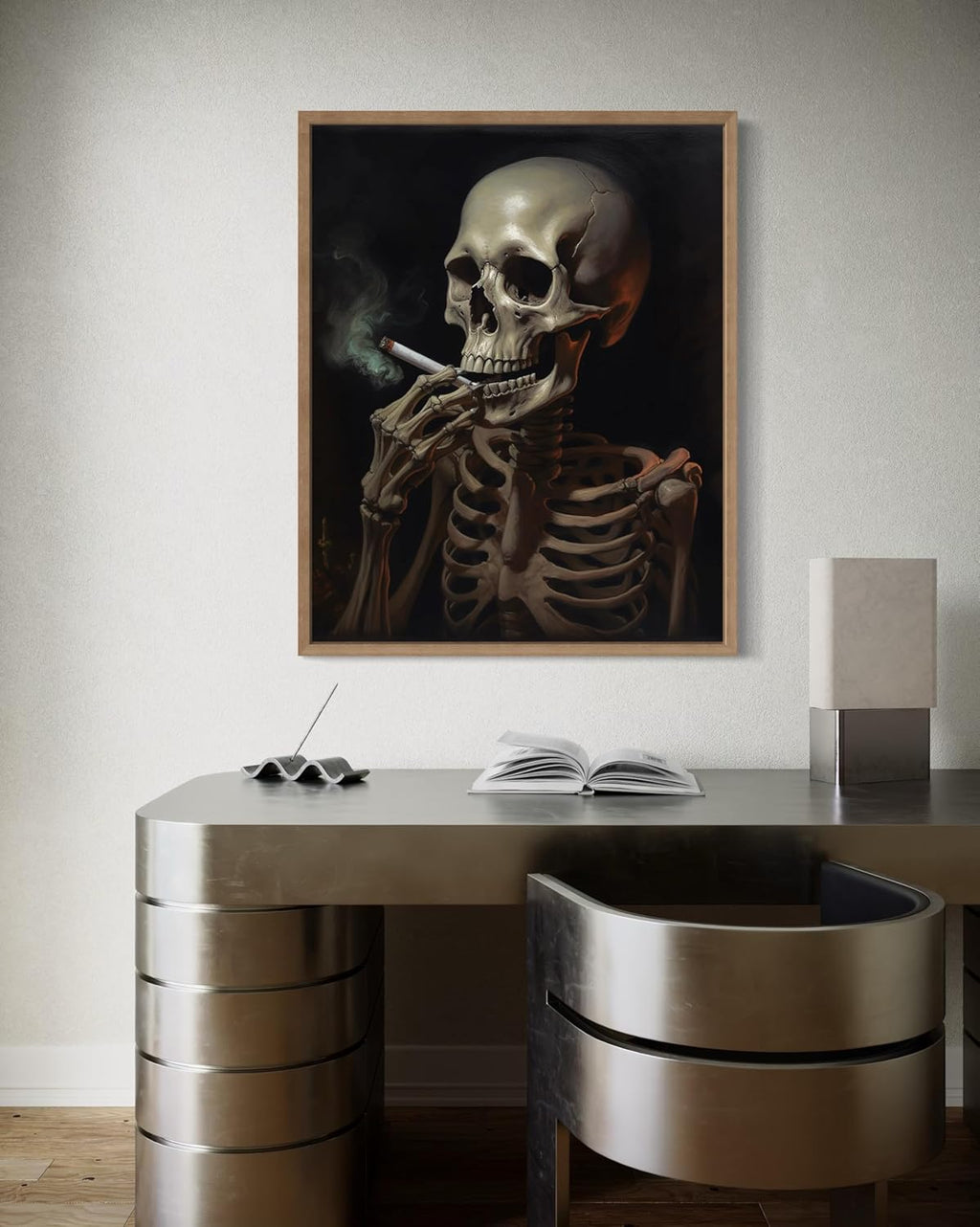 Skull Smoking Ciggarettes Poster Art Print, Halloween Scary Vintage Wall Art Academia Spooky Painting Decoration for Horror Prints, Gothic Posters Bedroom Decor 89 (Skull Smoking Ciggarettes, 16 x 20 inches, Wood Frame)