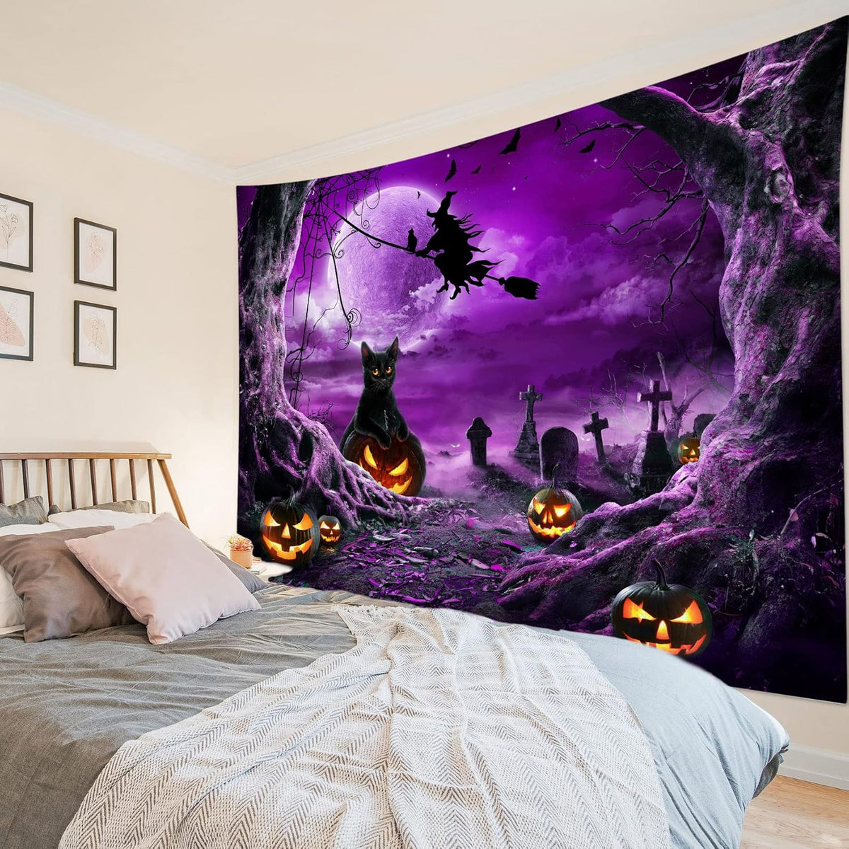 LB Halloween Wall Art - Horror Witch Cat and Dead Tree Pumpkin Lights with Spooky Graveyard Wall Tapestry Purple Full Moon over Misty Forest for Bedroom Living Room - 92.5x70.9 Inches