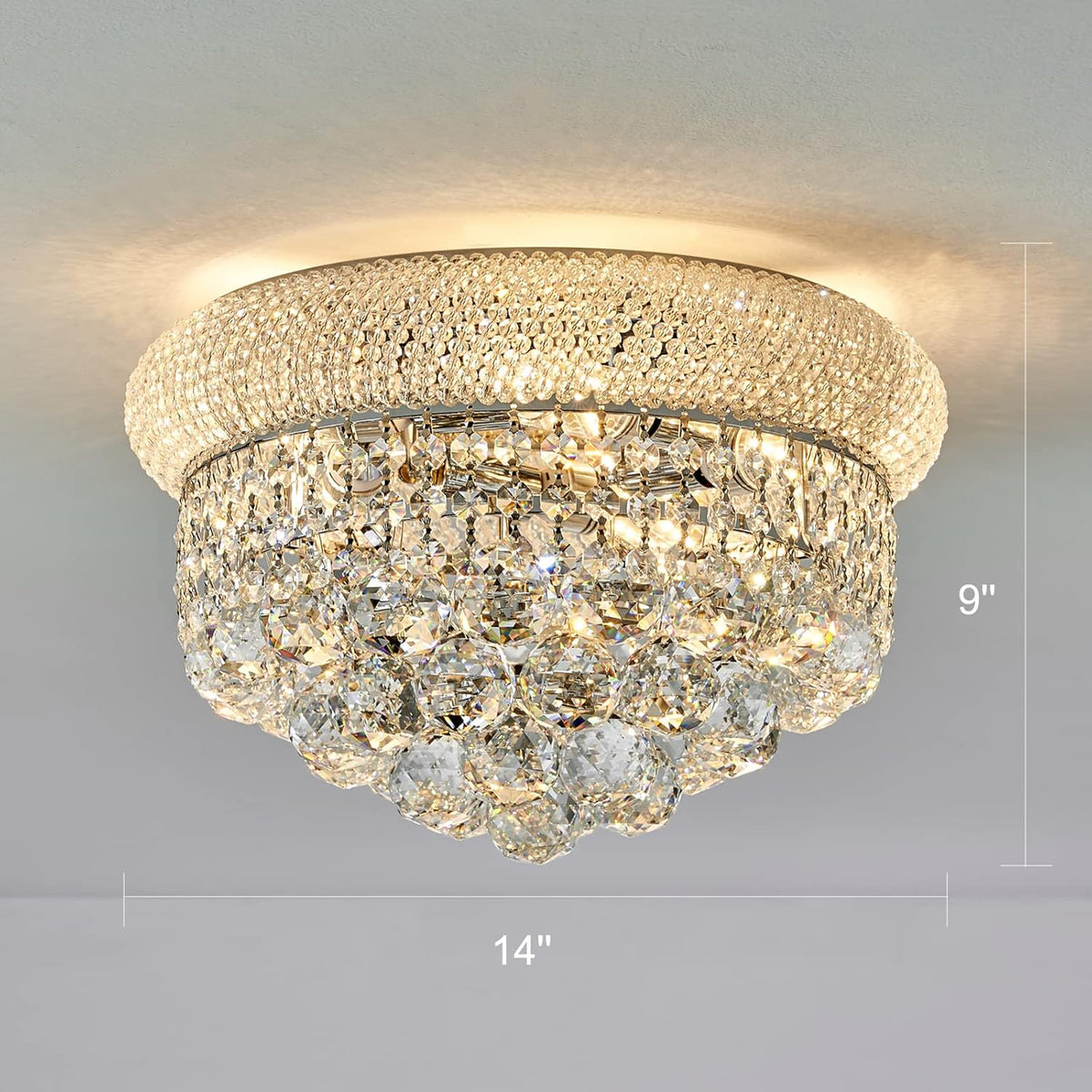 Crystal Flush Mount Chandelier Ceiling Light Fixture for Living Room Dining Room Bedroom Foyer Entryway Hallway Closet Bathroom (Chrome, 9" H x14 D)