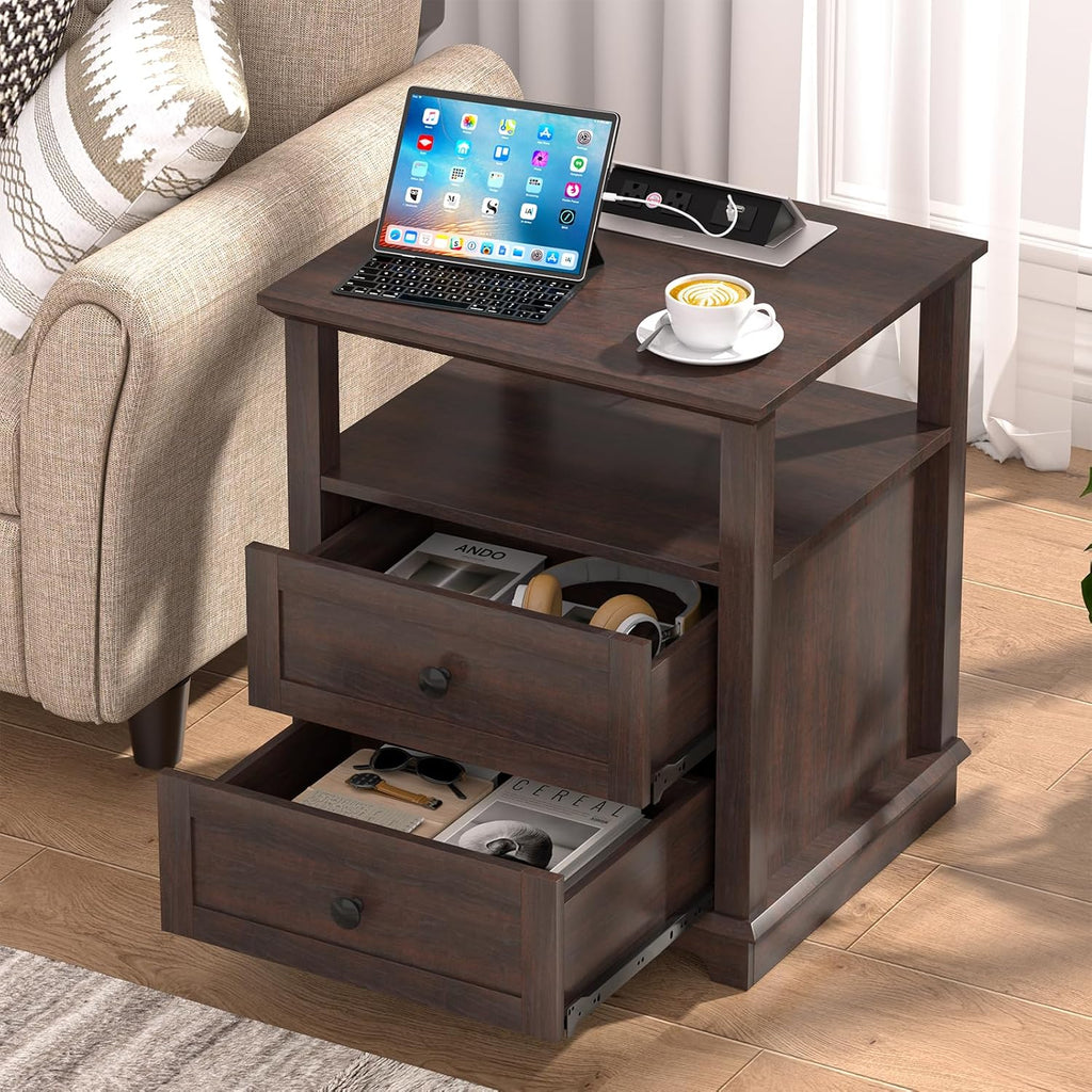 HIFYOBRO 24" Tall End Table with 2 Drawers and Charging Station, Type-C & USB Port & Power outlets, Wooden Storage Cabinet, 21" W Large Side Table with Storage for Living Room and Bedroom (Espresso)