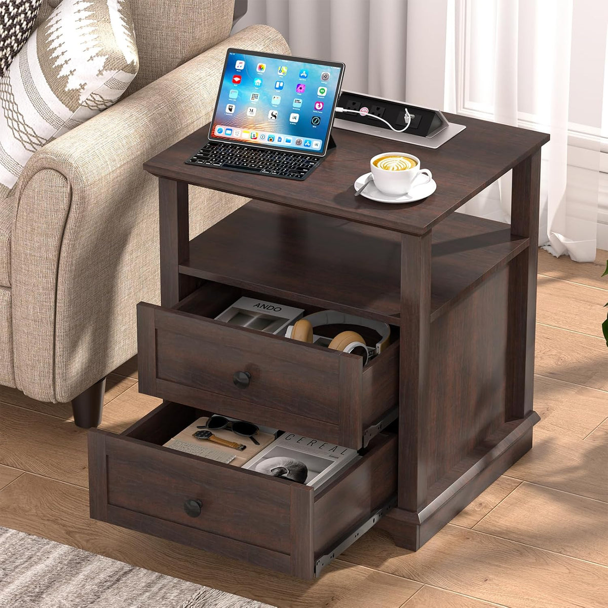HIFYOBRO 24" Tall End Table with 2 Drawers and Charging Station, Type-C & USB Port & Power outlets, Wooden Storage Cabinet, 21" W Large Side Table with Storage for Living Room and Bedroom (Espresso)