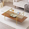X-Large Rectangle Glass Coffee Table, Mid-Century Modern Design, for Living Room, L47 x W24 x H17 Inch, Clear Glass Top and Walnut MDF Shelf, Sleek Conical Legs with Gold Finish Frame