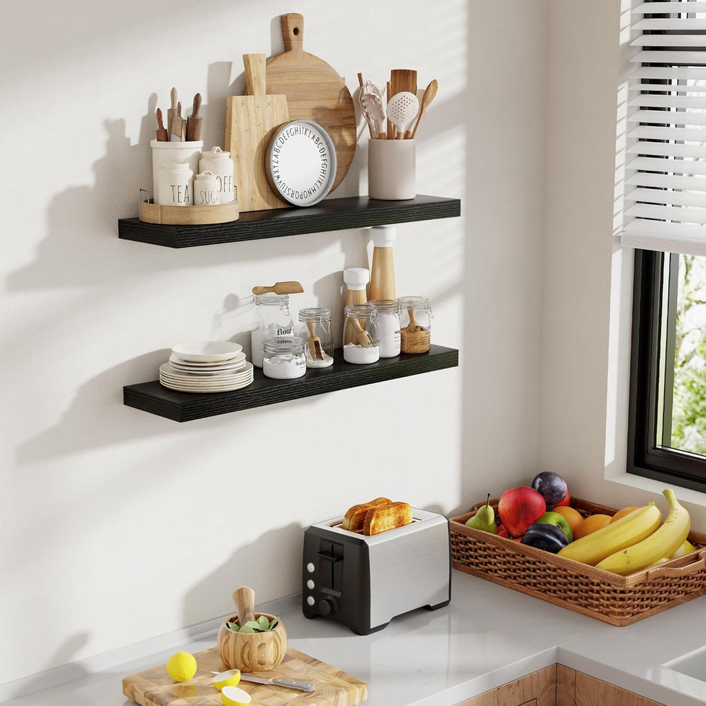 30 Inch Floating Shelves, 8 Inch Deep Floating Shelves for Wall, Hanging Shelf with Invisible Brackets, Deep Shelves for Bathroom, Bedroom, Living Room, Black, Set of 2