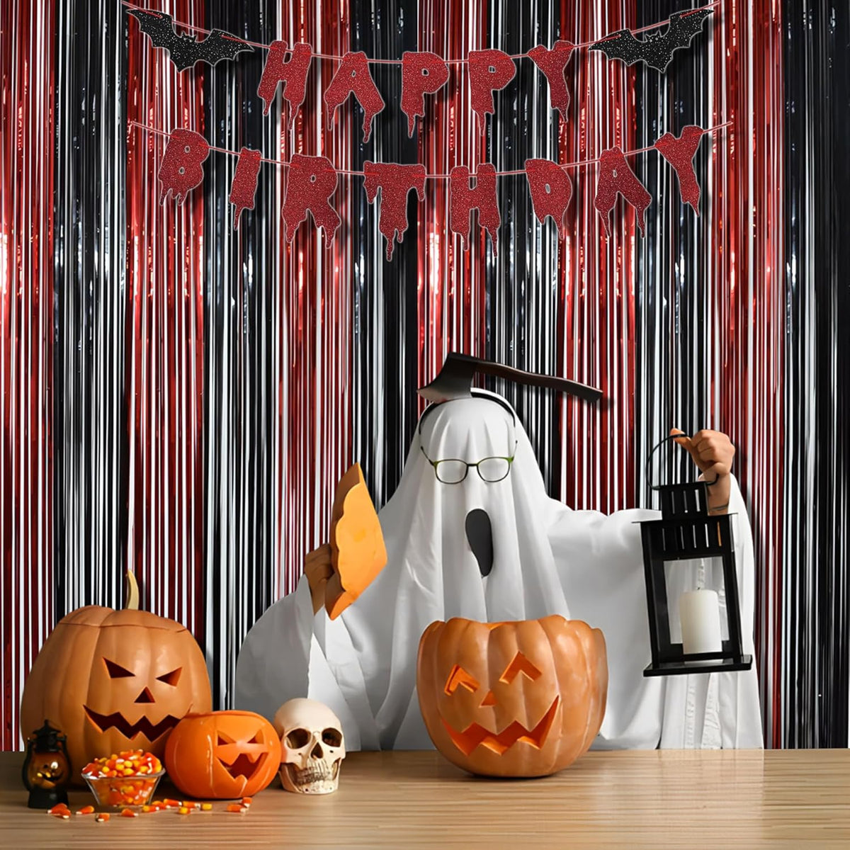 BRAVESHINE Tinsel Photo Backdrop Curtains - 2 Pack 3.2x8.2ft Black Red Foil Fringe Streamer Curtain for Halloweens, Lantern, Pumpkin, Home, Indoor or Outdoor Party Supplies Decorations