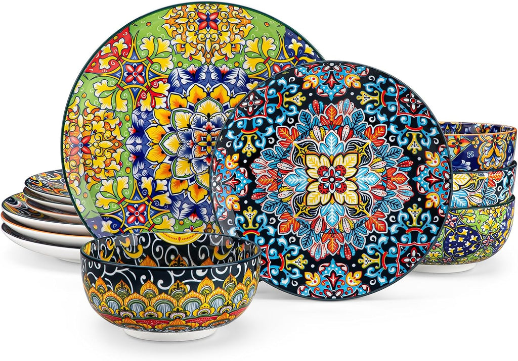 vancasso 12 Pieces Dinnerware Sets, Plates and Bowls Set, Porcelain Dishes Set for 4, Microwave and Dishwasher Safe, Scratch Resistant, Bohemian Style Dining Ware Service for 4, Series SIMI