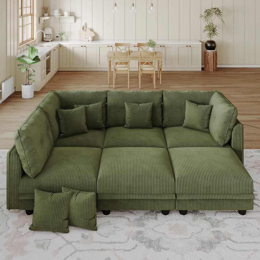 LLappuil Modular U-Shaped Sectional Sofa with Storage, 6-Seat Convertible Corduroy Couch with 6 Back Cushions & 6 Throw Pillows, Large L-Shaped Sofa for Living Room, Green