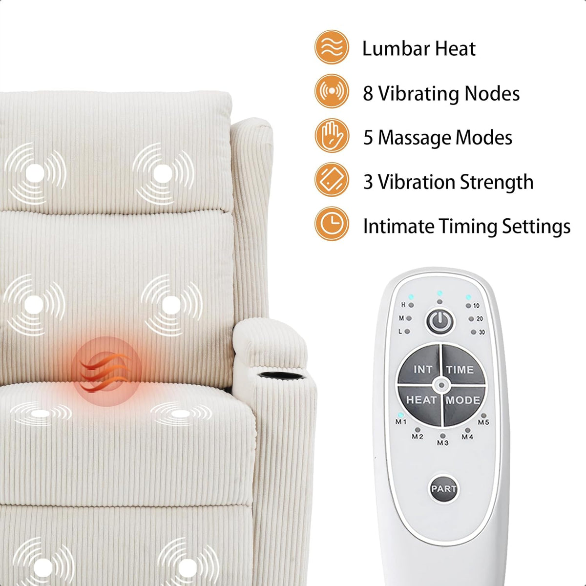 Lift Recliner Chair for Adults with Massage and Heating, Power Lift Recliner Chairs for Elderly, Corduroy Fabric Reclining Chair with USB &Type-C Port, Cup Holders, L6111 (Beige)