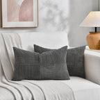 Fancy Homi 2 Packs Dark Gray Long Lumbar Decorative Throw Pillow Covers 16x24 Inch for Couch Bed Sofa, Rustic Farmhouse Boho Home Decor, Soft Striped Corduroy Rectangle Accent Cushion Case 40x60 cm