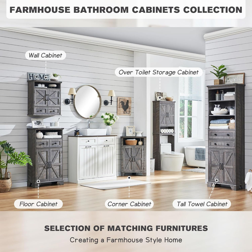 Bathroom Floor Cabinet, Farmhouse 24" Wide Cabinet with Drawer, Adjustable Shelf, Barn Doors, Cabinets for Bathroom, Kitchen, Living Room, Grey Wash