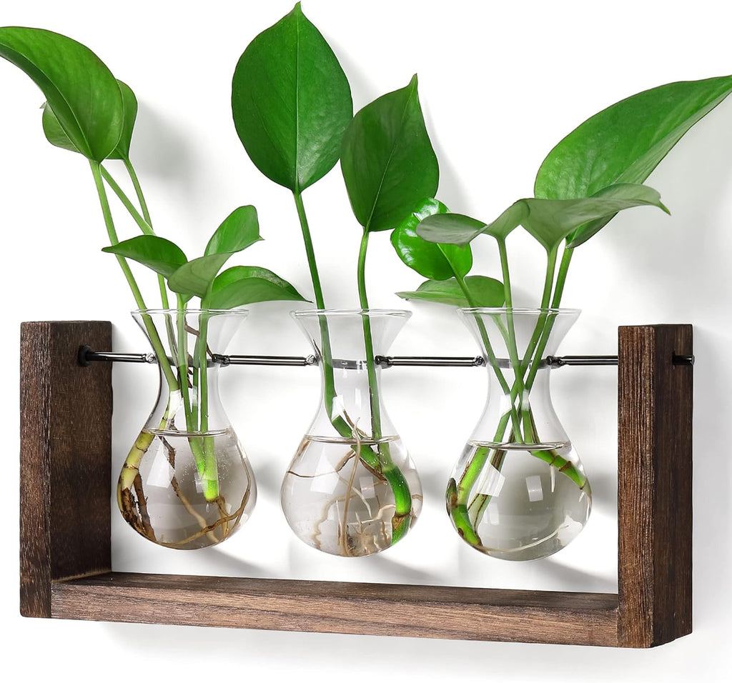 YIBOT Wall Hanging Planter Propagation Station, Plant Terrarium with Wooden Stand, Hydroponics Plants Home Office Living Room Decor Gift-3 Bulb Glass Vases