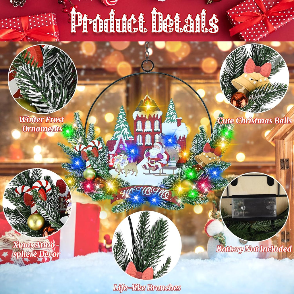 Light up Christmas Wreaths for Front Door, Welcome Metal Wooden Door Wreath Decor Hanging Sign, 30 LED Lighted Wall Decor Battery Operated for Halloween Indoor Outdoor (Santa Claus)