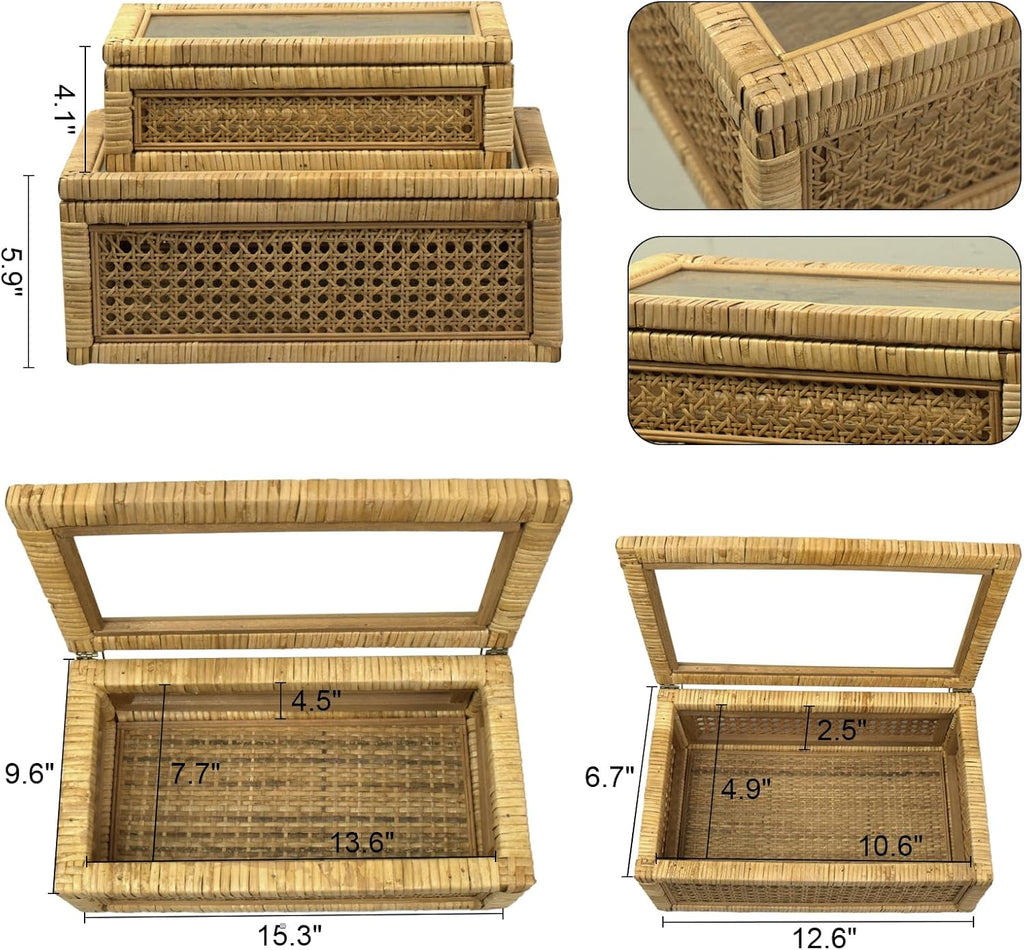 Rattan Box for Home Decor with Lid - Rectangular Coastal Bohemian Style Stackable Decorative Storage Box Set - Handmade from Natural Rattan, Cedar & Real Glass