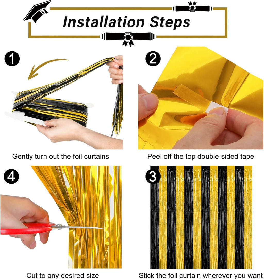 2 Pack Graduation Backdrop, 3.28 FT x 7.05 FT Black and Gold Foil Fringe Curtains, Metallic Foil Curtain Graduation Backdrop, Grad Party Supplies Black and Gold Party Decorations Class of 2025