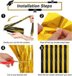 2 Pack Graduation Backdrop, 3.28 FT x 7.05 FT Black and Gold Foil Fringe Curtains, Metallic Foil Curtain Graduation Backdrop, Grad Party Supplies Black and Gold Party Decorations Class of 2025